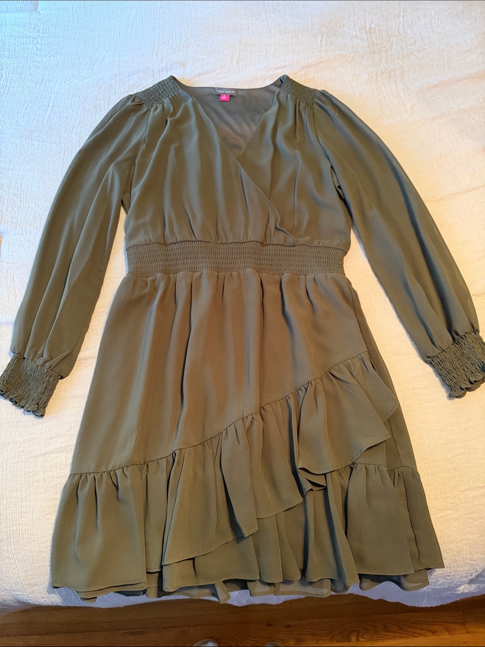 Vince Camuto Olive Wrap-Style Ruffle Dress
